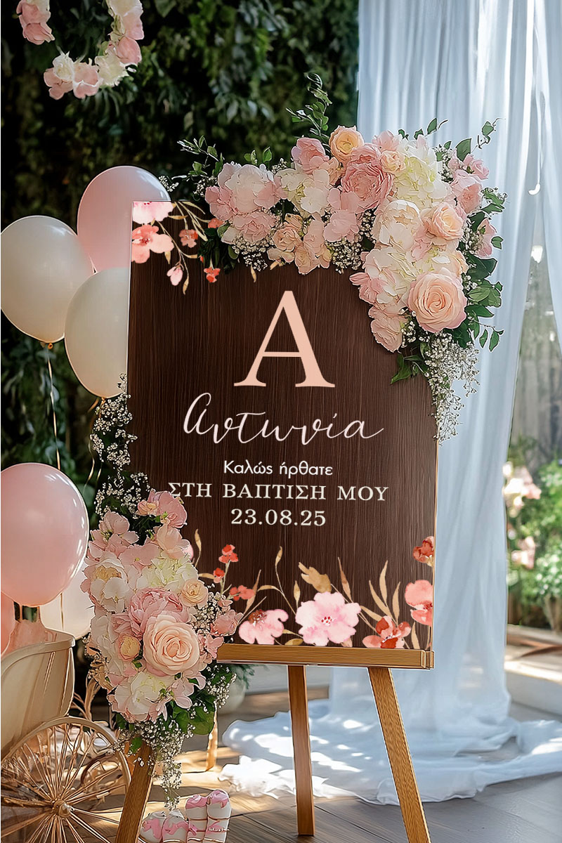 Διακοσμητική Ταμπέλα Βάπτισης με Σχέδιο Pink Floral
