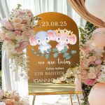 Επιγραφή Βάπτισης με Σχέδιο Cute Twin Elephants