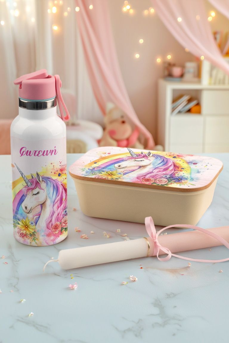 Σετ 3 Δώρα Color Unicorn - Παγούρι, Δοχείο Φαγητού & Λαμπάδα