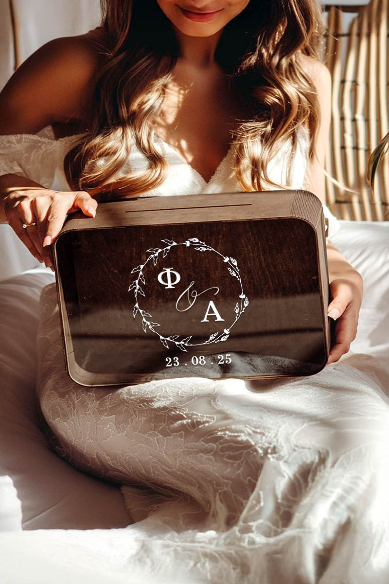Κουτί Γάμου Προσωποποιημένο για Ευχές Ξύλινο Ορθογώνιο