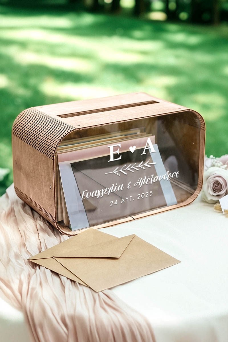 Κουτί Γάμου Ευχών σε Ξύλινο Ορθογώνιο Σχήμα με Ονόματα