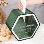 Κουτί Γαμήλιο Ευχών με Ονόματα σε Ξύλινο Εξάγωνο Σχήμα