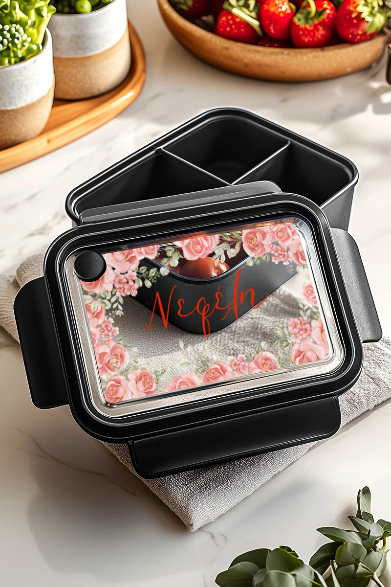 Παιδικό Δοχείο Φαγητού Μαύρο – Lunch Box με Τριαντάφυλλα