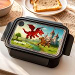 Παιδικό Δοχείο Φαγητού, Μαύρο με Σχέδιο Κάστρα & Δράκοι