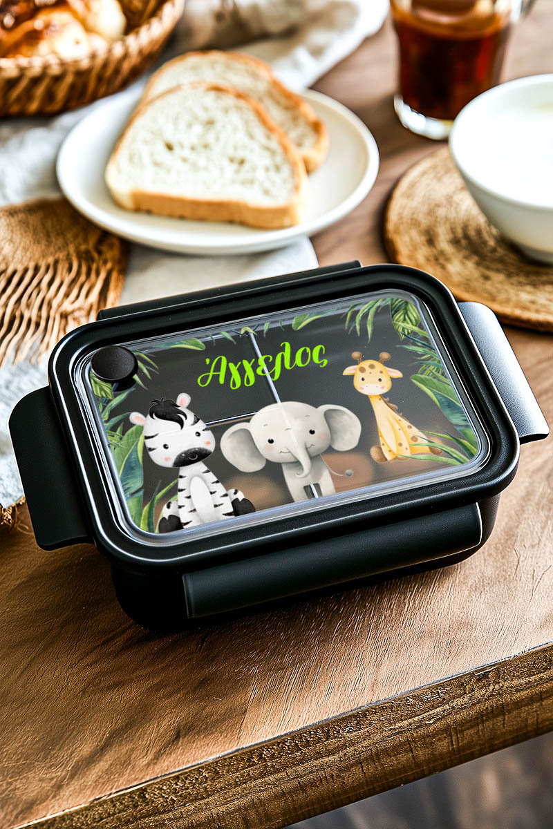 Παιδικό Δοχείο Φαγητού Μαύρο – Lunch Box με Ζώα του Δάσους
