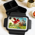 Παιδικό Δοχείο Φαγητού, Μαύρο με Σχέδιο Κάστρα & Δράκοι