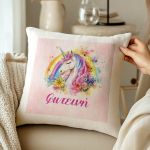 Παιδικό Μαξιλάρι με Όνομα και Σχέδιο Μονόκερο & Λουλούδια