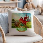 Λινό Μαξιλάρι με Όνομα και Παιδικό Σχέδιο Δράκο & Κάστρο