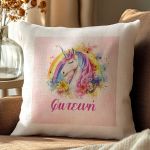 Παιδικό Μαξιλάρι με Όνομα και Σχέδιο Μονόκερο & Λουλούδια