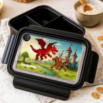 Παιδικό Δοχείο Φαγητού, Μαύρο με Σχέδιο Κάστρα & Δράκοι