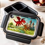 Παιδικό Δοχείο Φαγητού, Μαύρο με Σχέδιο Κάστρα & Δράκοι