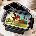 Παιδικό Δοχείο Φαγητού, Μαύρο με Σχέδιο Κάστρα & Δράκοι