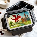 Παιδικό Δοχείο Φαγητού, Μαύρο με Σχέδιο Κάστρα & Δράκοι