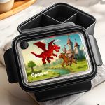 Παιδικό Δοχείο Φαγητού, Μαύρο με Σχέδιο Κάστρα & Δράκοι