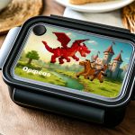 Παιδικό Δοχείο Φαγητού, Μαύρο με Σχέδιο Κάστρα & Δράκοι