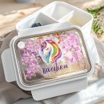 Παιδικό Δοχείο Φαγητού, Λευκό με Σχέδιο Μονόκερο & Λουλούδια