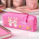 Σχολική Κασετίνα για Κορίτσια, Φούξια με Όνομα & Λαγουδάκια