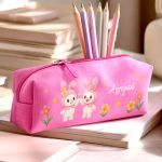 Σχολική Κασετίνα για Κορίτσια, Φούξια με Όνομα & Λαγουδάκια