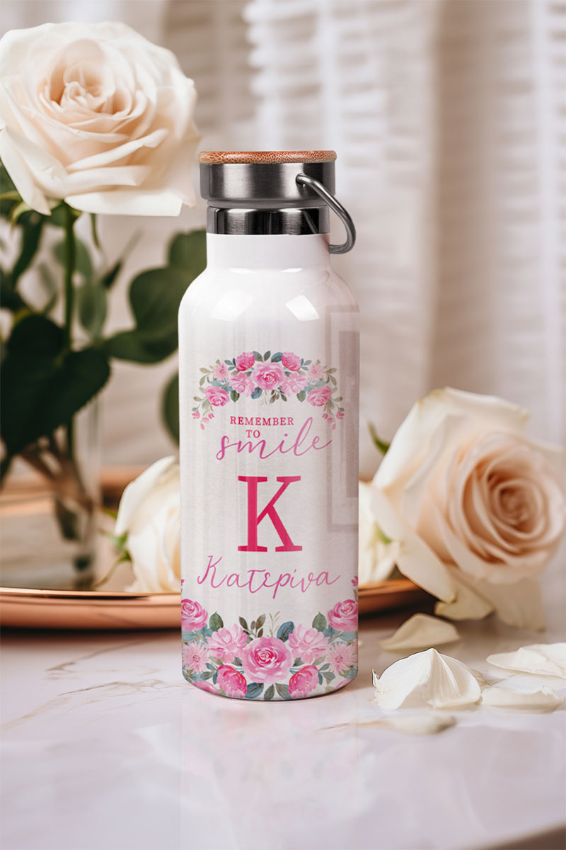 Ανοξείδωτo Μπουκάλι Θερμός με Σχέδιο Ροζ Τριαντάφυλλα