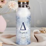Μπουκάλι Θερμός Ανοξείδωτo με Όνομα & Σχέδιο Μπλε Λουλούδια