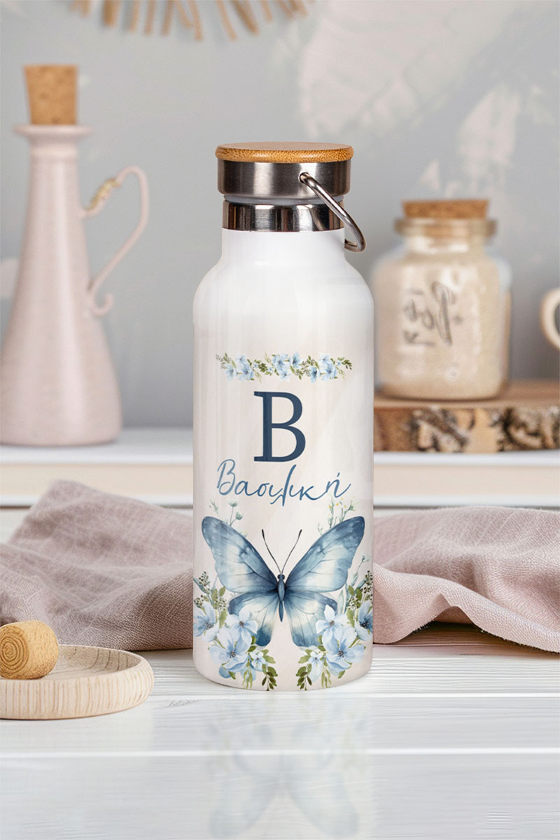 Ανοξείδωτo Μπουκάλι Θερμός με Σχέδιο Πεταλούδα & Λουλούδια
